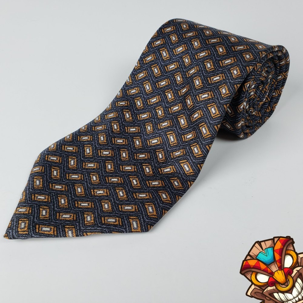 Barneys New York Italian Necktie Silk Geometric Gray Brown On Charcoal NEW - Picture 1 of 9
